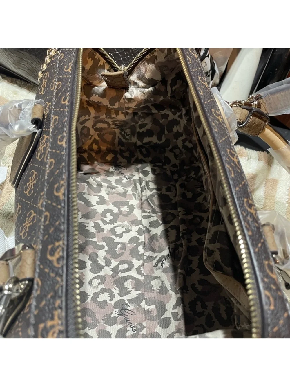 GUESS Brown Monogram Satchel with Gold Hardware
